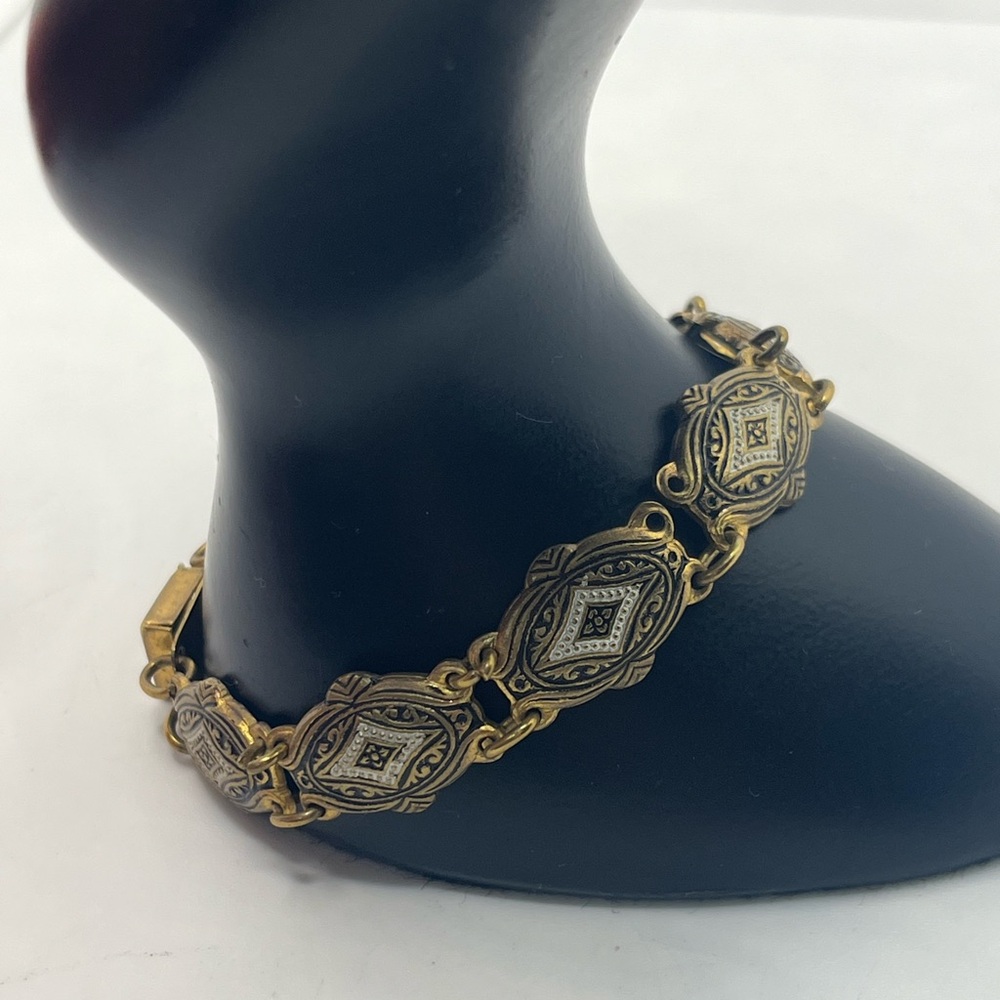 Toledo Spain gold tone black & white enameled design bracelet vintage - Picture 6 of 16